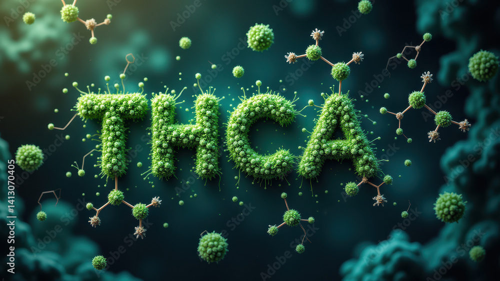 Poster high-resolution image of thc molecules with a microscopic backdrop, emphasizing thca as part of cann