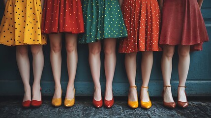 Retro-inspired polka dot dresses and matching high heels in row. Playful, coordinated fashion look full of vintage charm. Celebrating individuality and fun style on National Dress Day