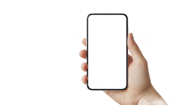 Hand holding a smartphone with a blank white screen against a black background in a studio shot