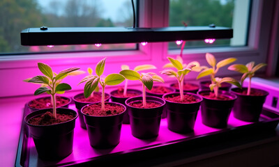 Young green seedlings growing on the windowsill in small pots by the purple phytolamp 