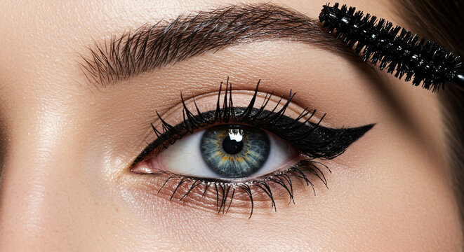 Stunning eye makeup tutorial winged liner and mascara application close up view with soft lighting