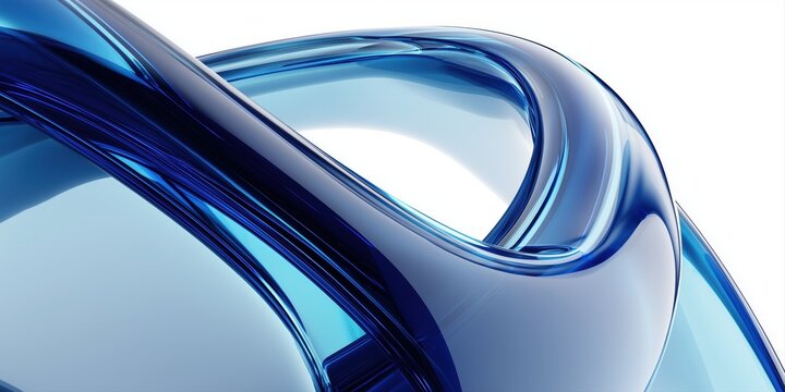 curved blue glass elements on a white background, reflecting light for a high-end digital feel