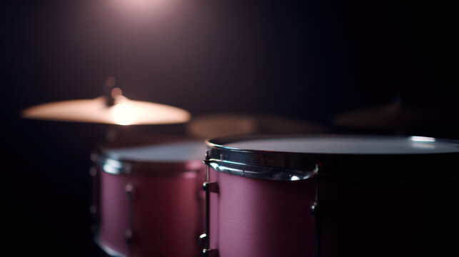 Neon lit drum set on dark background with spotlight creates dramatic effect