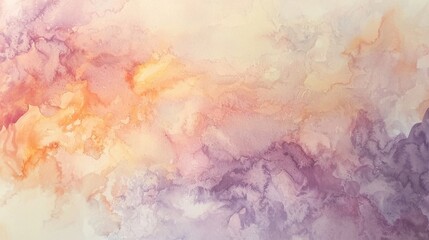 Delicate watercolor strokes create an abstract composition featuring soft shades of orange, pink, and purple. The colors blend seamlessly to evoke a sense of calm and tranquility