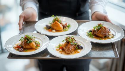 A professional waiter serves beautifully plated gourmet dishes on a tray, showcasing culinary art and attention to detail in a restaurant setting.