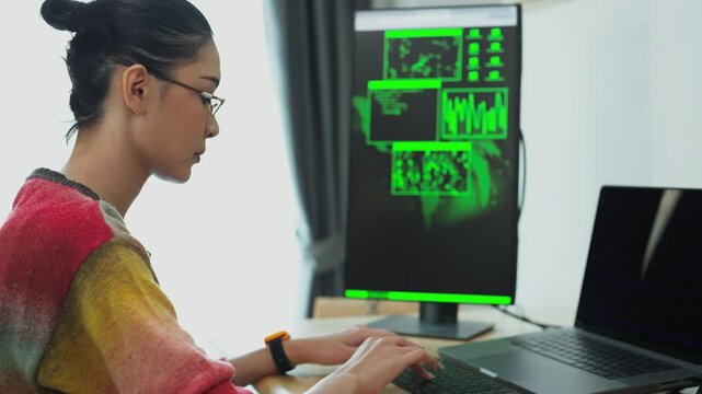 Hands Coding on Laptop CLOSE UP. Woman using portable computers. Woman programmer writes code
