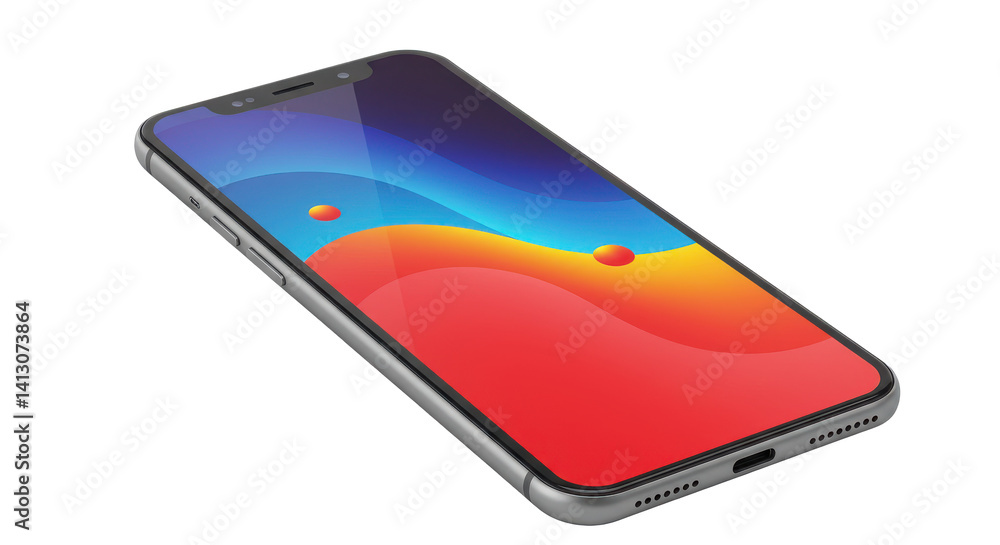 Poster close up of a smartphone with a colorful screen on a black background in a studio setting
