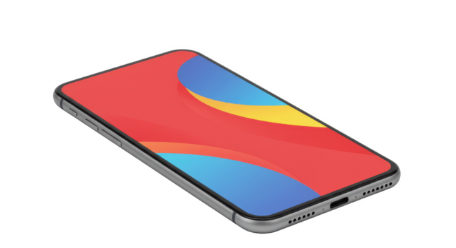 Close up of a smartphone with a colorful screen on a black background in a horizontal position