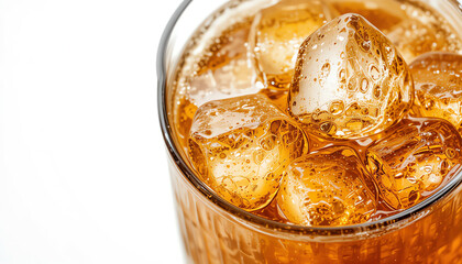 A refreshing glass of iced beverage with bubbles and ice cubes, perfect for a hot day. Enjoy the crisp and invigorating experience it offers.