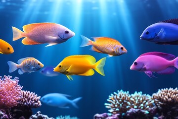Naklejka premium Aquatic Realm Colorful Fishes Swimming Freely in Ocean Sunlight Sea Life Underwater Scene Peaceful Serenity