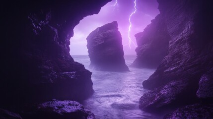 Mysterious Cave with Lightning and Waves Under a Purple Sky