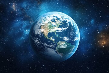 Obraz premium Space station orbits Earth while the planet showcases its vibrant blue and green colors from space, space station in space orbiting the globe