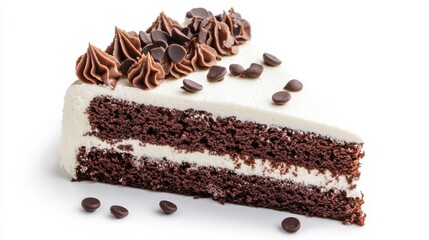 A slice of rich chocolate layer cake with creamy frosting, showcasing an indulgent and classic dessert.