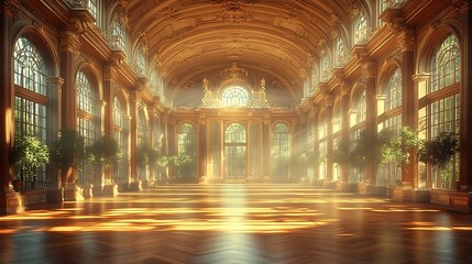 Obraz premium Golden sunlight floods a grand, ornate palace hall.
