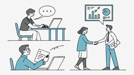 Business Professionals Collaboration And Communication Flat Vector Illustration Style Office Meeting Workplace Teamwork