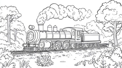 Black and white illustration of steam train in forest