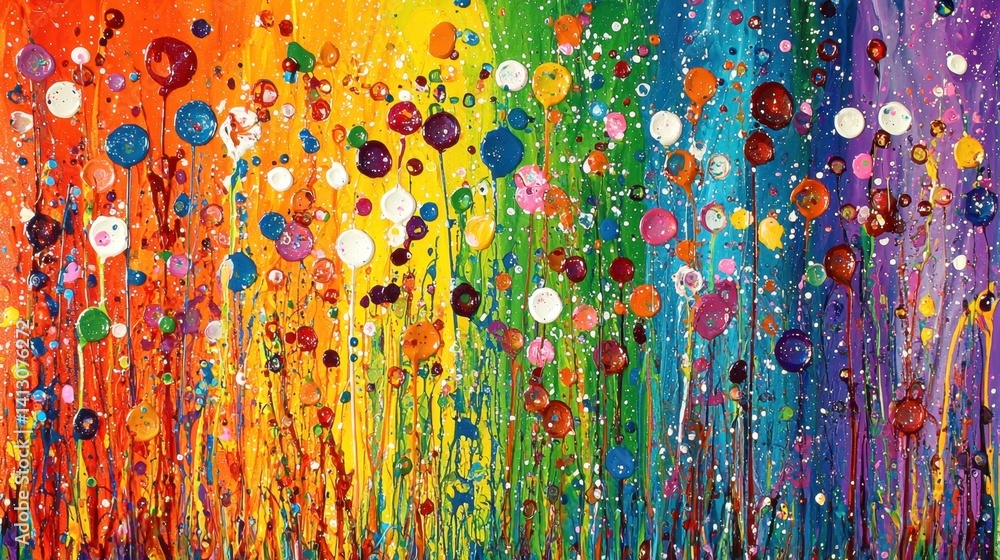 Poster this striking abstract piece showcases a lively array of colorful dots and drips, arranged in a vert