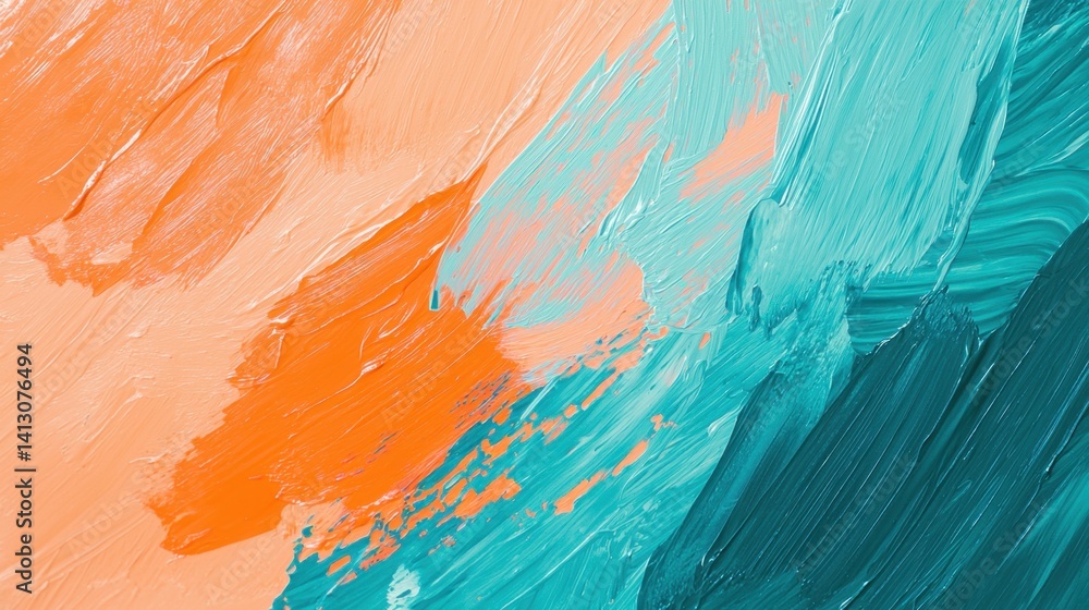 Aufkleber a vivid abstract work features dynamic brushstrokes in orange, teal, and turquoise. the composition 