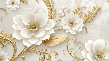 Elegant Modern And Luxury White And Golden 3D Flowers With White Background