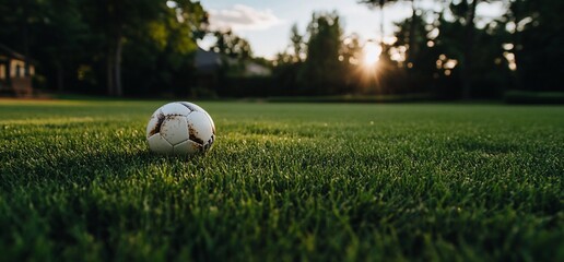 Obraz premium Soccer ball on a grassy field at sunset (1)