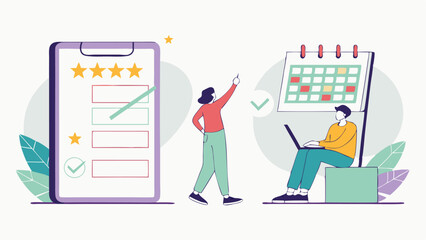Online Feedback And Schedule Management Flat Design Illustration People Using Digital Tools For Productivity