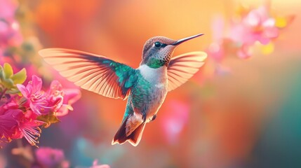 Fototapeta premium A hummingbird flits gracefully near blooming pink flowers, enjoying the sweet nectar in a bright garden. The colorful bird showcases iridescent feathers in the warm sunlight