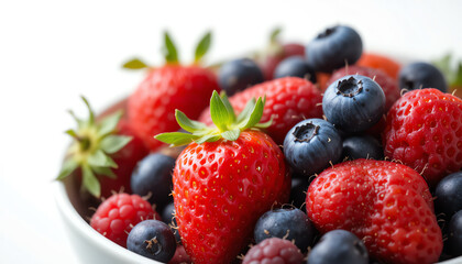 Obraz premium A vibrant mix of fresh strawberries and blueberries in a white bowl, perfect for healthy snacking or delicious desserts, showcasing natural colors and textures.