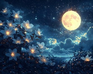 Fototapeta premium Mystical night garden with glowing moonflowers and starry sky