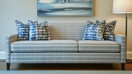 Modern couch in living room with art and lamp. Interior design