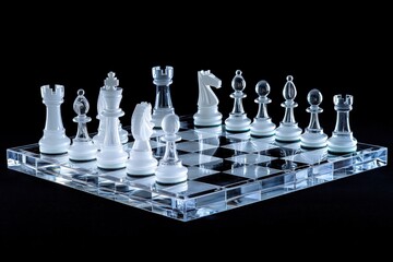 Transparent chessboard with white pieces