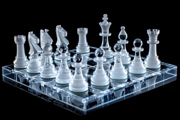 Transparent chess pieces on a clear board