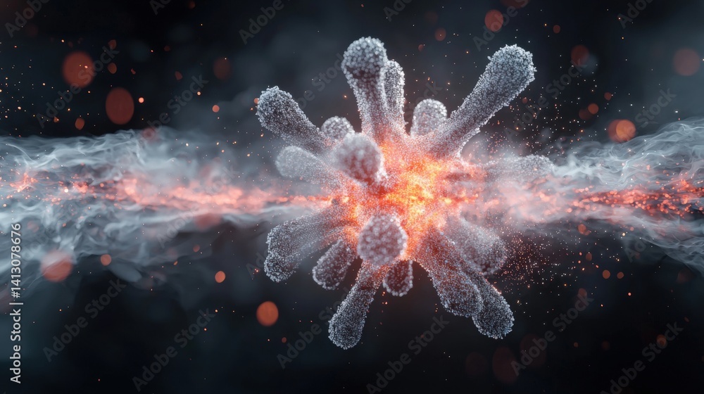 Poster explosive virus particle visualization in a digital lab scientific illustration dark background high