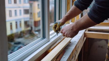 Construction worker installing windows at a construction site. Featuring craftsmanship and detail
