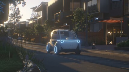 Obraz premium Modern electric car driving on residential street at sunrise