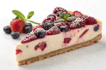 Delicious Berry Cheesecake Slice on white background