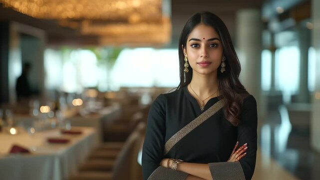 A young Indian woman in a stylish yet traditional outfit stands in a spacious restaurant function hall, briefing her team before the big event