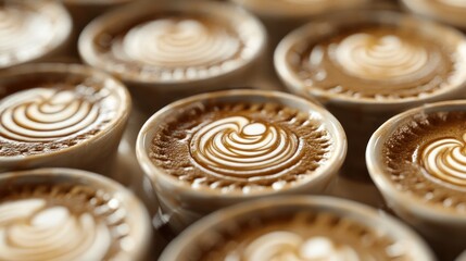 Latte art, coffee cups, cafe, close-up, beverage, rows, preparation, background blur, food photography, stock image