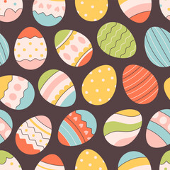 Easter eggs seamless pattern. Painted eggs. Happy Easter. Design for banner, wallpaper, textile, wrapping paper, background, cards. Vector illustration in flat style