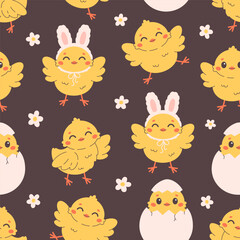 Seamless pattern with cute little chicks. Easter chicks. Design for banner, wallpaper, textile, wrapping paper, background, cards. Vector illustration in flat style
