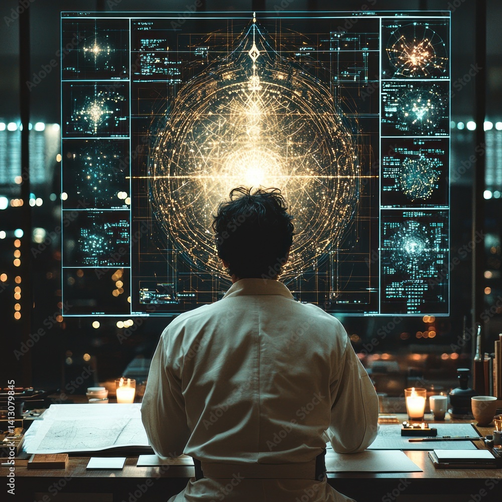 Poster analyzing holographic data projections, exploring possibilities in science
