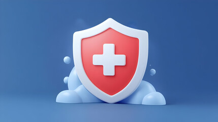 Fototapeta premium Red and White Medical Shield Surrounded by Clouds for Safety Insurance and Healthcare on a Blue Gradient Background