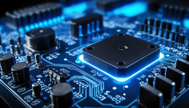 Close-up view of a modern microchip on a circuit board, showcasing intricate details and glowing blue lights, representing advanced technology.
