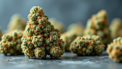 THCA crystals with a blurred background on a tabletop.