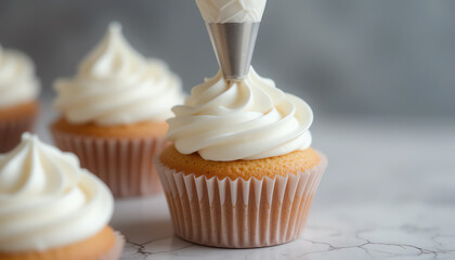 Delicious freshly baked cupcakes with creamy frosting being piped onto them, perfect for any celebration or sweet indulgence, showcasing a delightful dessert treat.