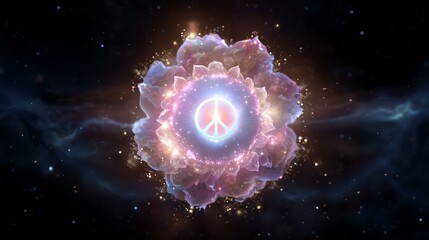 A colorful peace symbol in a cosmic background.
