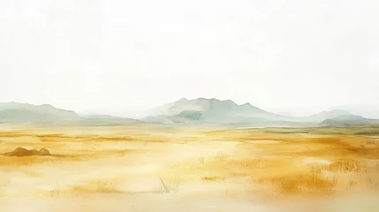 Fototapete A tranquil desert vista showcases rolling hills and distant mountains, bathed in soft hues of brown and beige, reflecting the stillness of the landscape under a light sky © Formoney