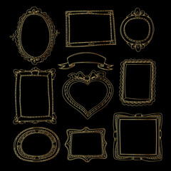 Collection of luxury frames, borders. Round. square heart shape Hand drawn doodle elements in line art for greeting cards, invitations, menu, certificates and graphic design.