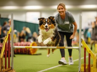 Energetic dog jumping over a hurdle during an agility competition, representing skill, speed, and teamwork. Ideal for pet training, dog sports, and active lifestyle content.