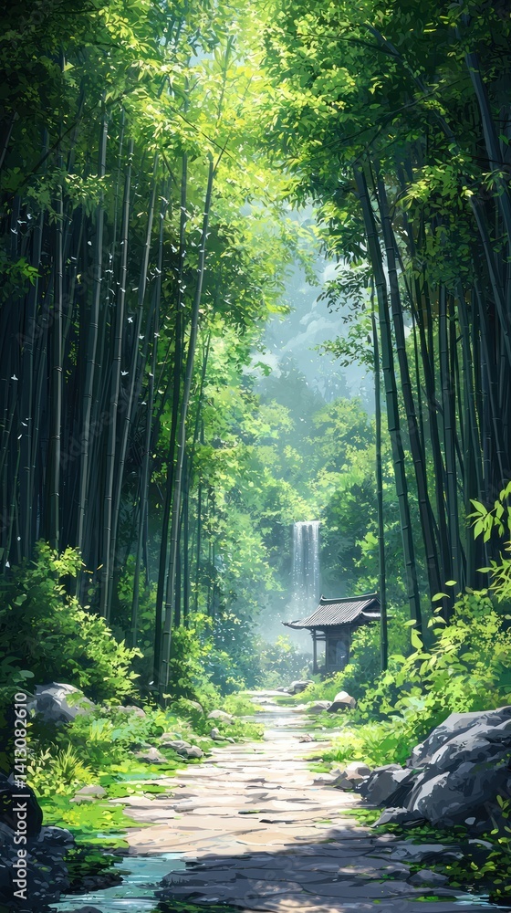 Poster Serene Bamboo Forest Path with Tranquil Waterfall and Japanese Structure