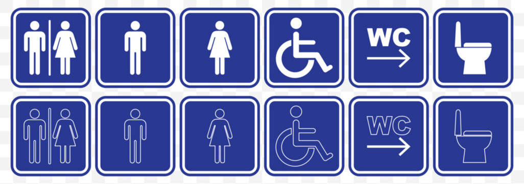 linear Restroom icon set. male and female toilet symbols. disabled icon. gender icon. restroom pictogram. Elevator and stairs public signage. WC signage on Transparent Background. EPS 10.